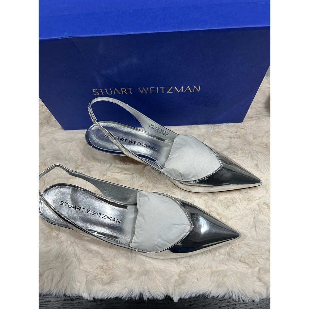 Stuart Weitzman Silver Slingback Pumps | Pointed Toe Heels Luxury Modern Glam‎ - Picture 5 of 7